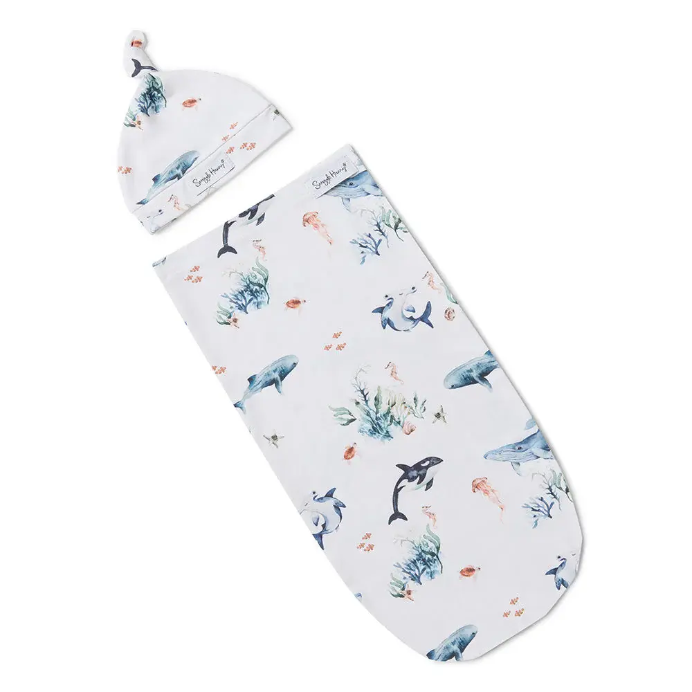 Snuggle Hunny Kids Snuggle Hunny Ocean Organic Snuggle Swaddle & Beanie Set