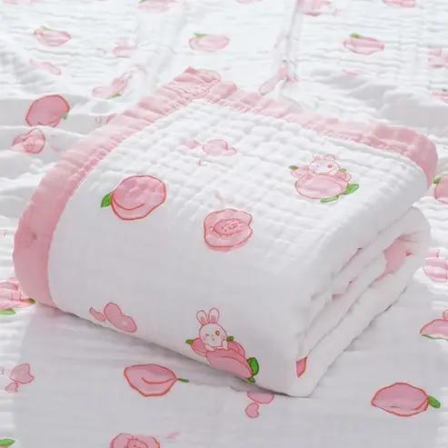 Bub2Kids Bub2Kids 6 Layer Muslin Blanket 100% Organic Cotton - Peach & Little Bunny