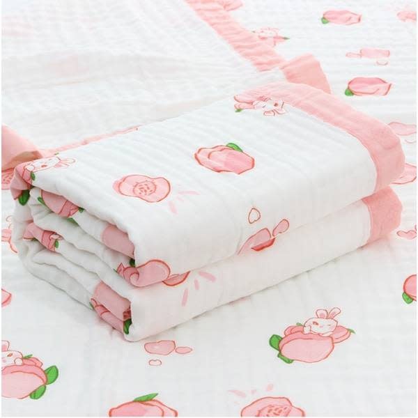 Bub2Kids Bub2Kids 6 Layer Muslin Blanket 100% Organic Cotton - Peach & Little Bunny