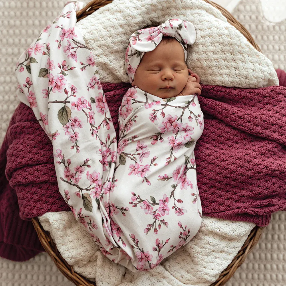 Snuggle Hunny Kids Snuggle Hunny Organic Jersey Wrap & Topknot Set Cherry Blossom