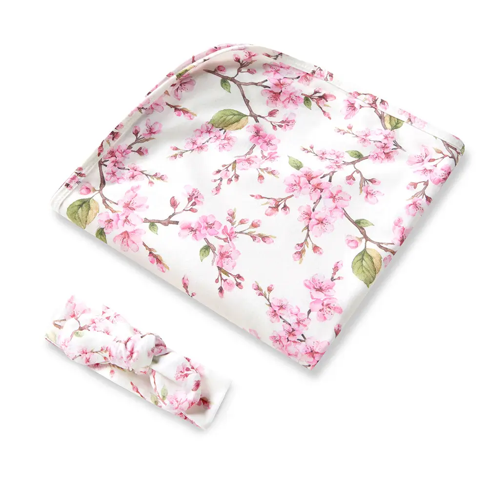 Snuggle Hunny Kids Snuggle Hunny Organic Jersey Wrap & Topknot Set Cherry Blossom