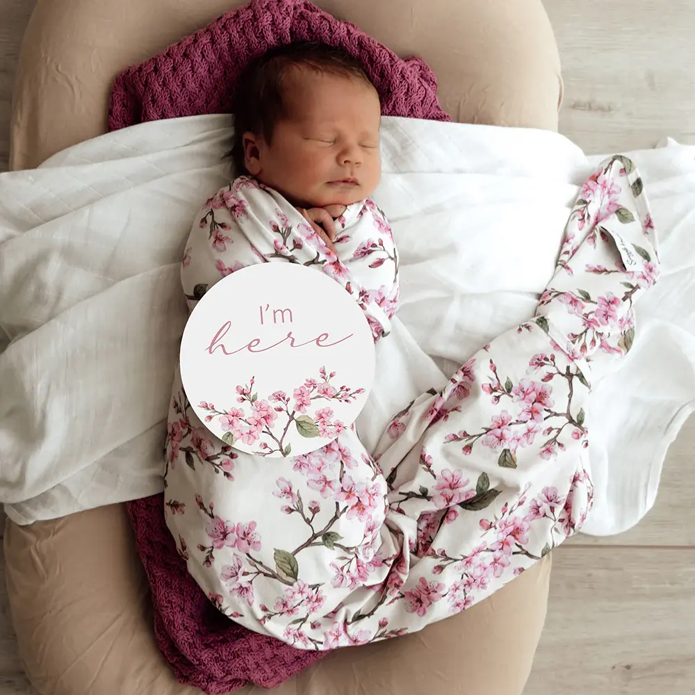 Snuggle Hunny Kids Snuggle Hunny Organic Jersey Wrap & Topknot Set Cherry Blossom