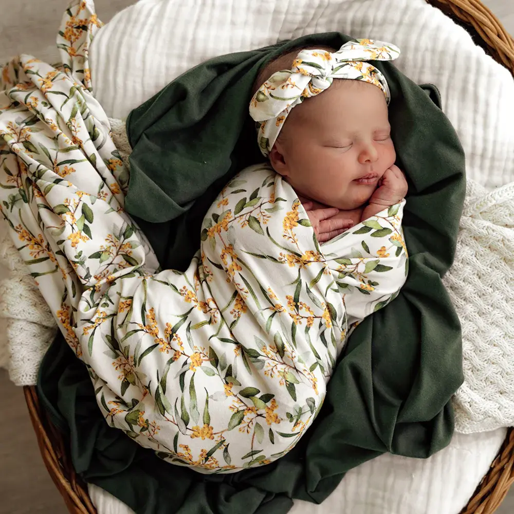 Snuggle Hunny Kids Snuggle Hunny Organic Jersey Wrap & Topknot Set Golden Wattle