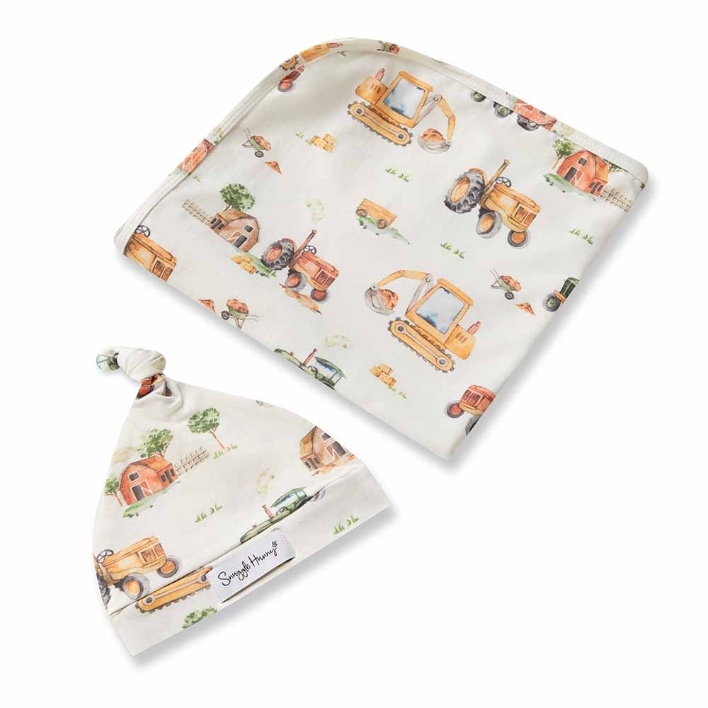 Snuggle Hunny Kids Snuggle Hunny Organic Jersey Wrap & Beanie Set Diggers & Tractors