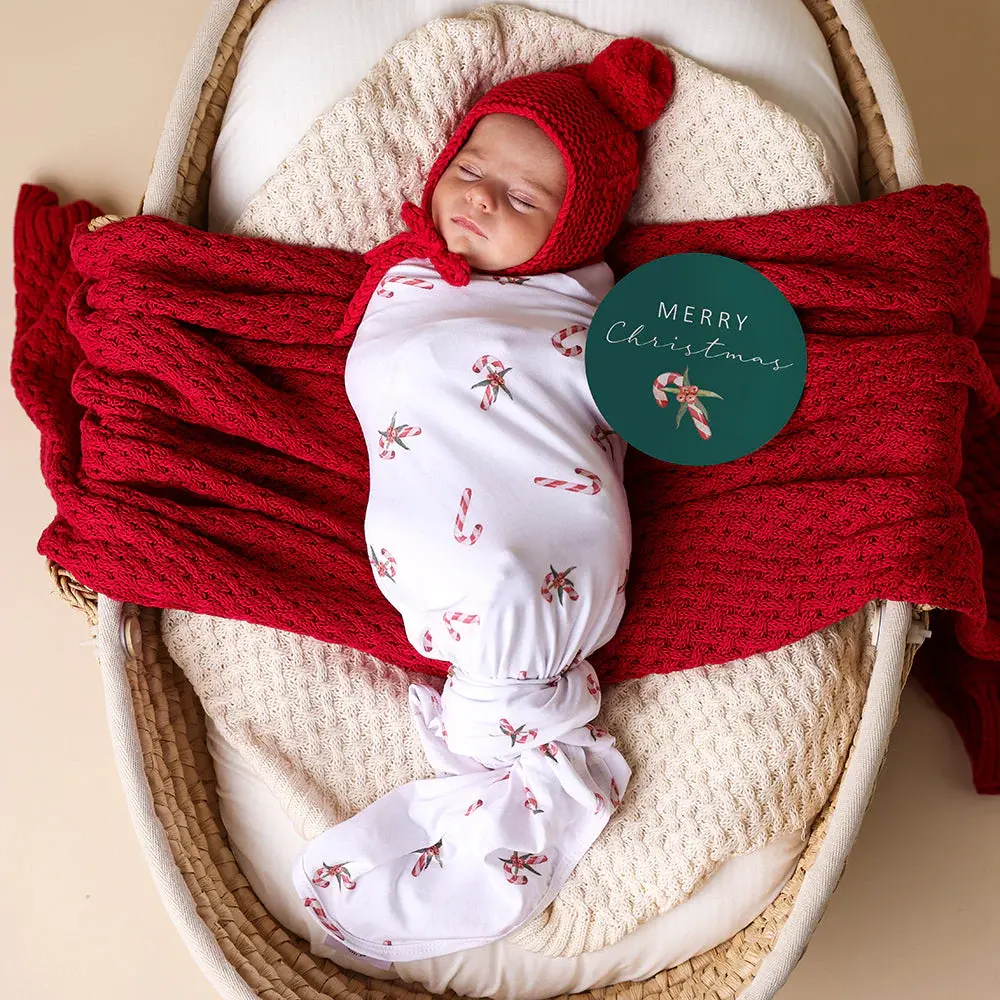 Snuggle Hunny Kids Snuggle Hunny Candy Cane Organic Jersey Wrap & Beanie Set + Milestone Card