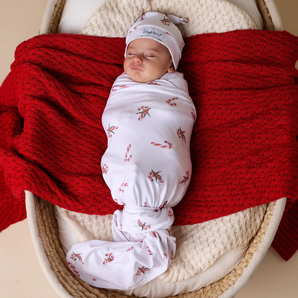 Snuggle Hunny Kids Snuggle Hunny Candy Cane Organic Jersey Wrap & Beanie Set + Milestone Card