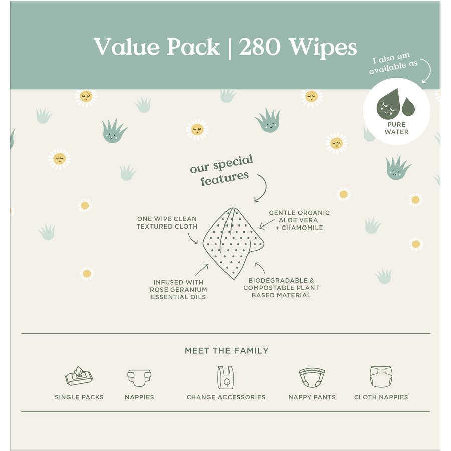 Tooshies Tooshies Pure Baby Wipes Aloe Vera & Chamomile 280pk