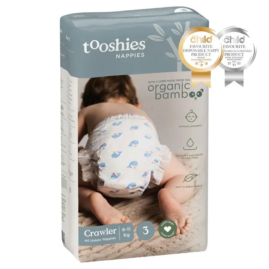 Tooshies Tooshies Organic Bamboo Nappies Size 3 Crawler 6-11kg 44pk