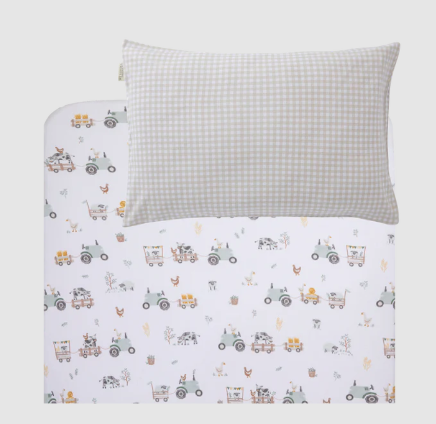 Living Textiles Living Textiles 1-pack Port-a-cot Fitted Sheet & Pillowcase - Tractor Ride