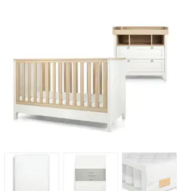Mamas and Papas Mamas & Papas Harwell Bundle5pc Set - Cot, Mattress, quilted mattress protector, fitted sheet, dresser, change table top - White/Natural