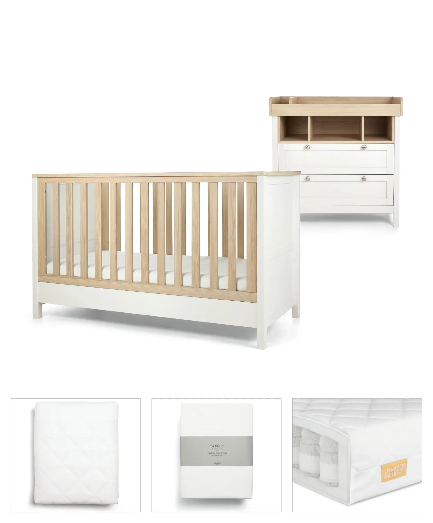 Mamas and Papas Mamas & Papas Harwell Bundle5pc Set - Cot, Mattress, quilted mattress protector, fitted sheet, dresser, change table top - White/Natural