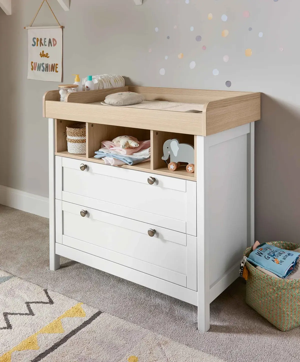 Mamas and Papas Mamas & Papas Harwell Bundle5pc Set - Cot, Mattress, quilted mattress protector, fitted sheet, dresser, change table top - White/Natural