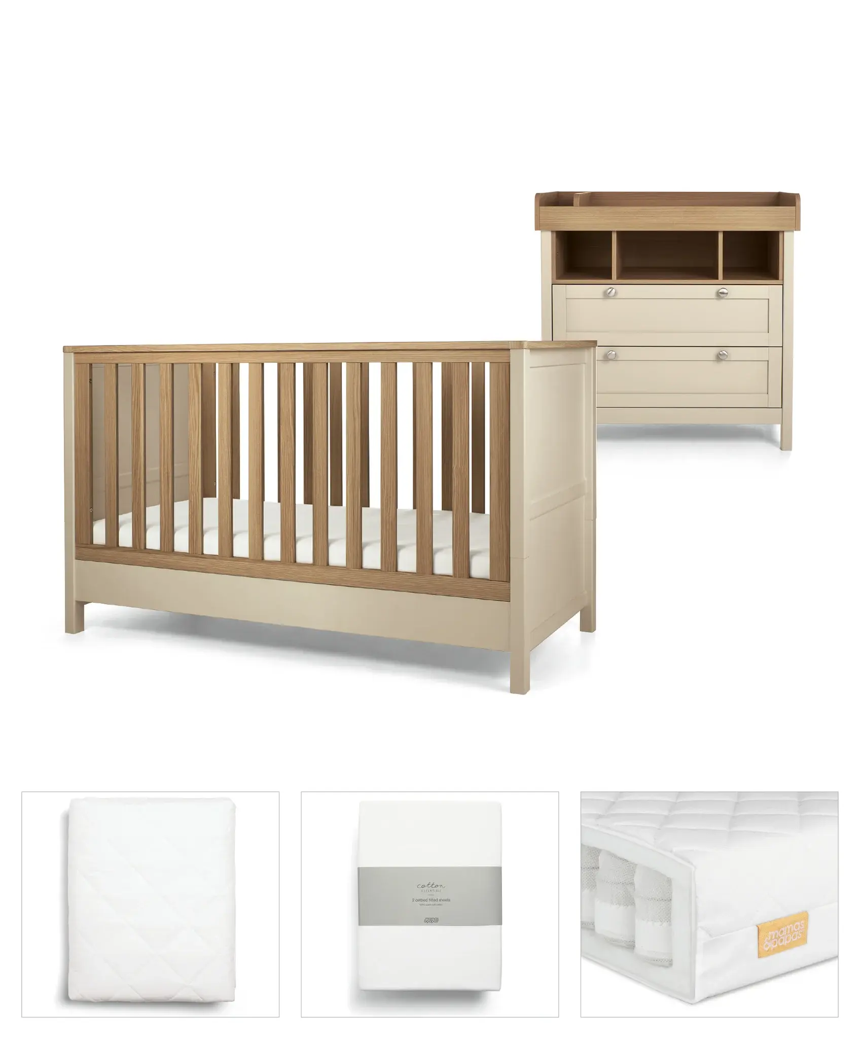 Mamas and Papas Mamas & Papas Harwell Bundle 5pc Set - Cot, Mattress, quilted mattress protector, fitted sheet, dresser, change table top - Cashmere