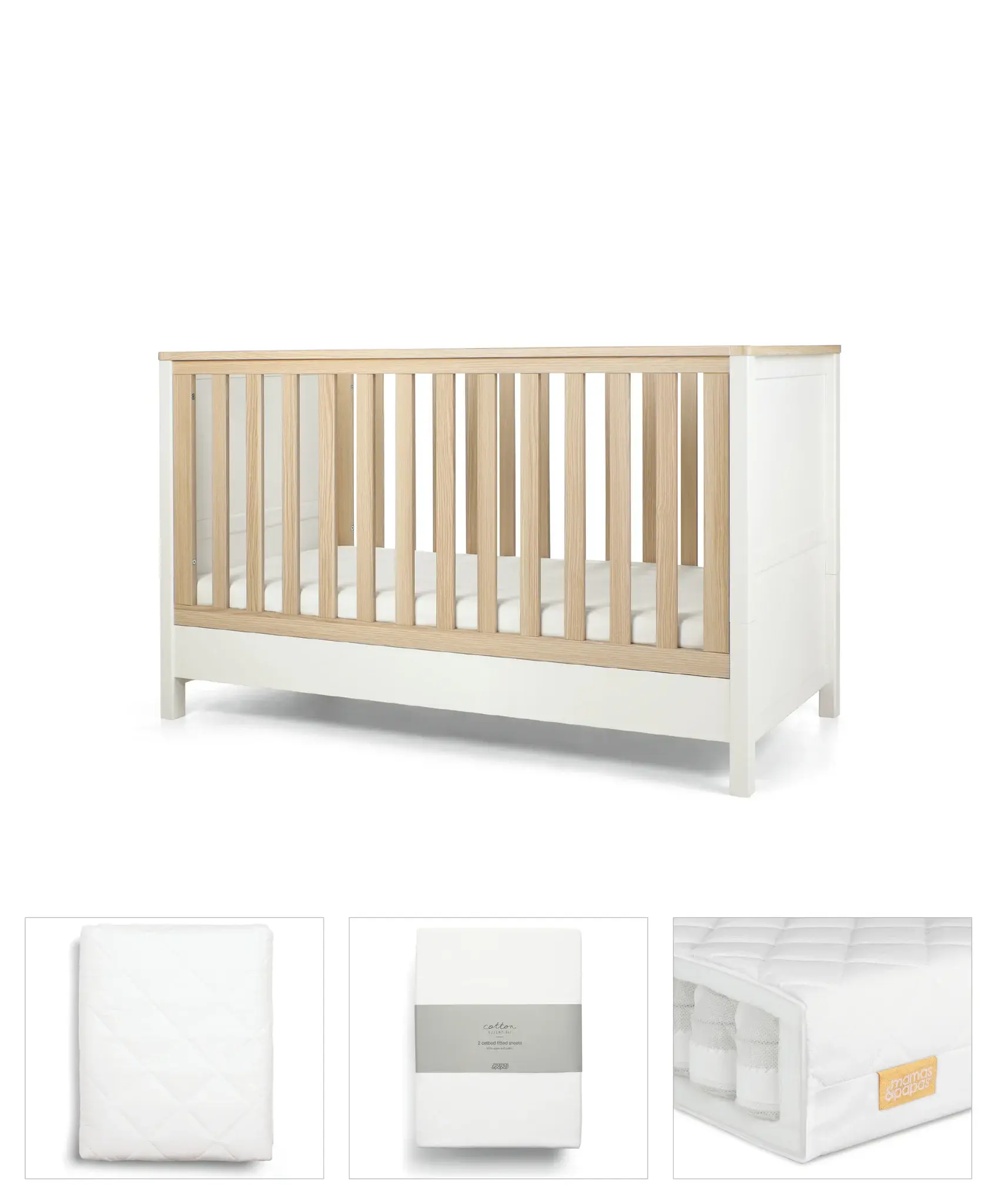 Mamas and Papas Mamas & Papas Harwell Bundle 4pc Set - Cot, Mattress, quilted mattress protector, fitted sheet - White/Natural