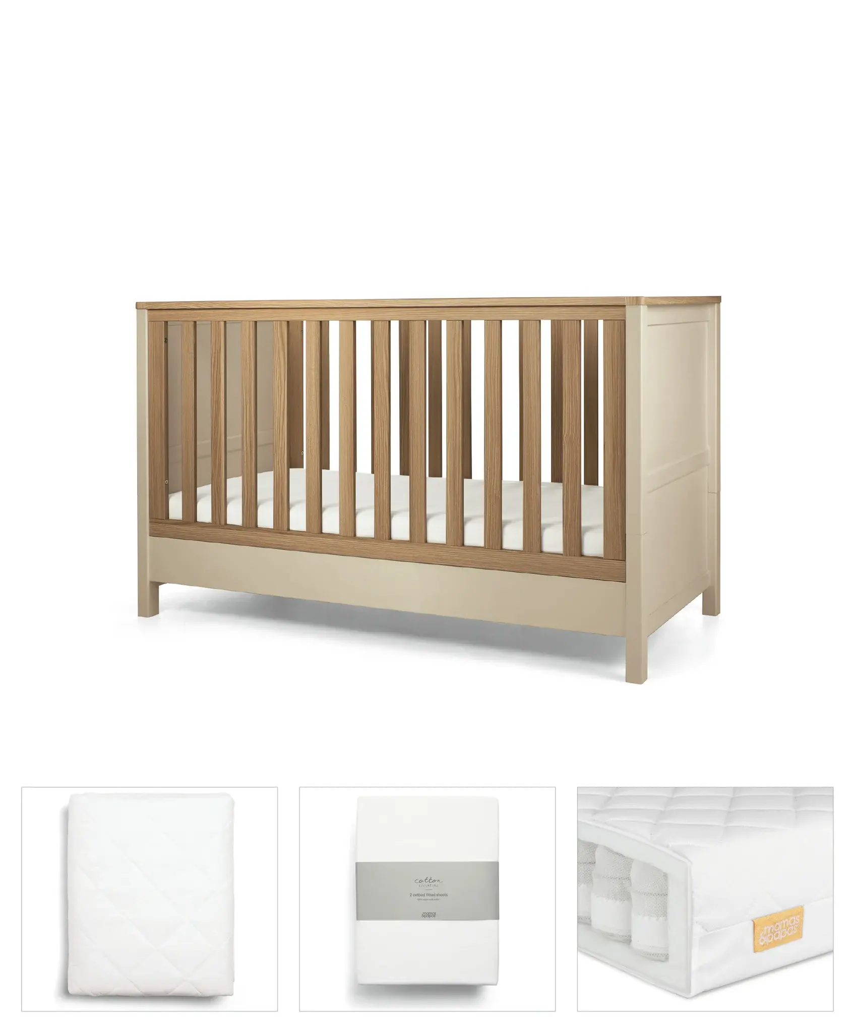 Mamas and Papas Mamas & Papas Harwell Bundle 4pc Set - Cot, Mattress, quilted mattress protector, fitted sheet - Cashmere