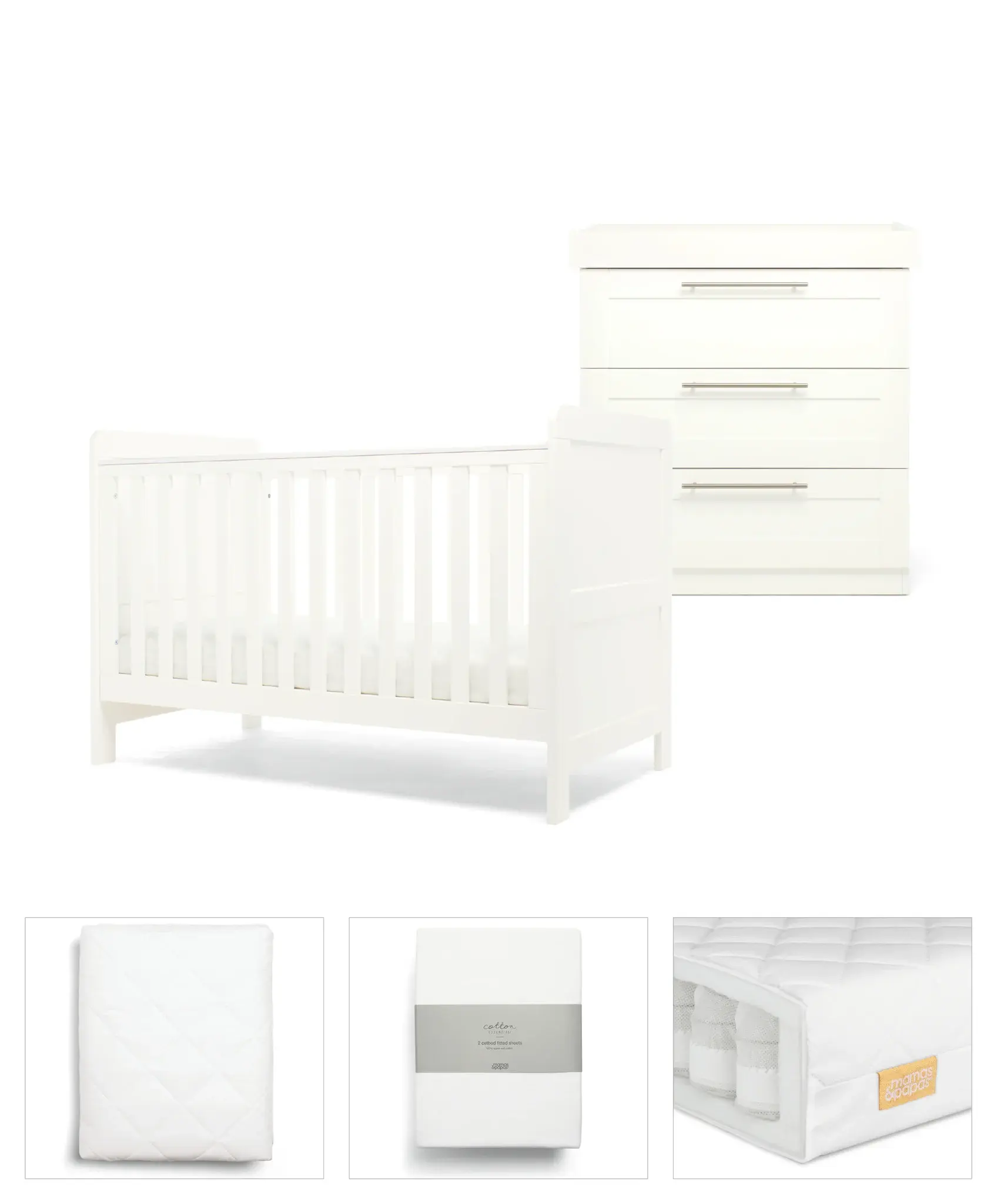 Mamas and Papas Mamas & Papas Hampden Bundle5pc Set - Cot, Mattress, quilted mattress protector, fitted sheet, dresser, Change Table Top - White
