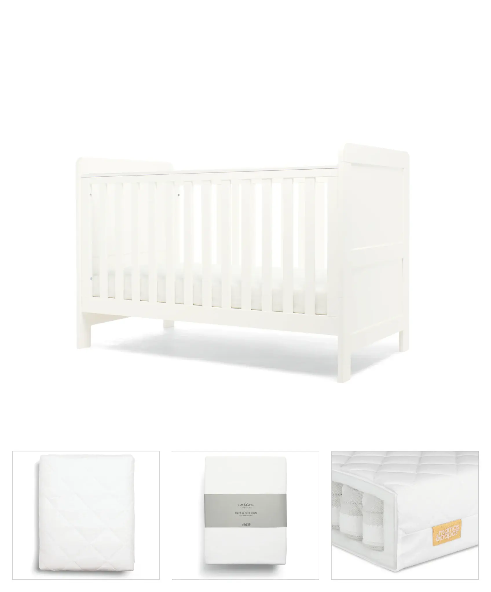 Mamas & Papas Mamas & Papas Hampden Bundle 4pc Set - Cot, Mattress, quilted mattress protector, fitted sheet - White