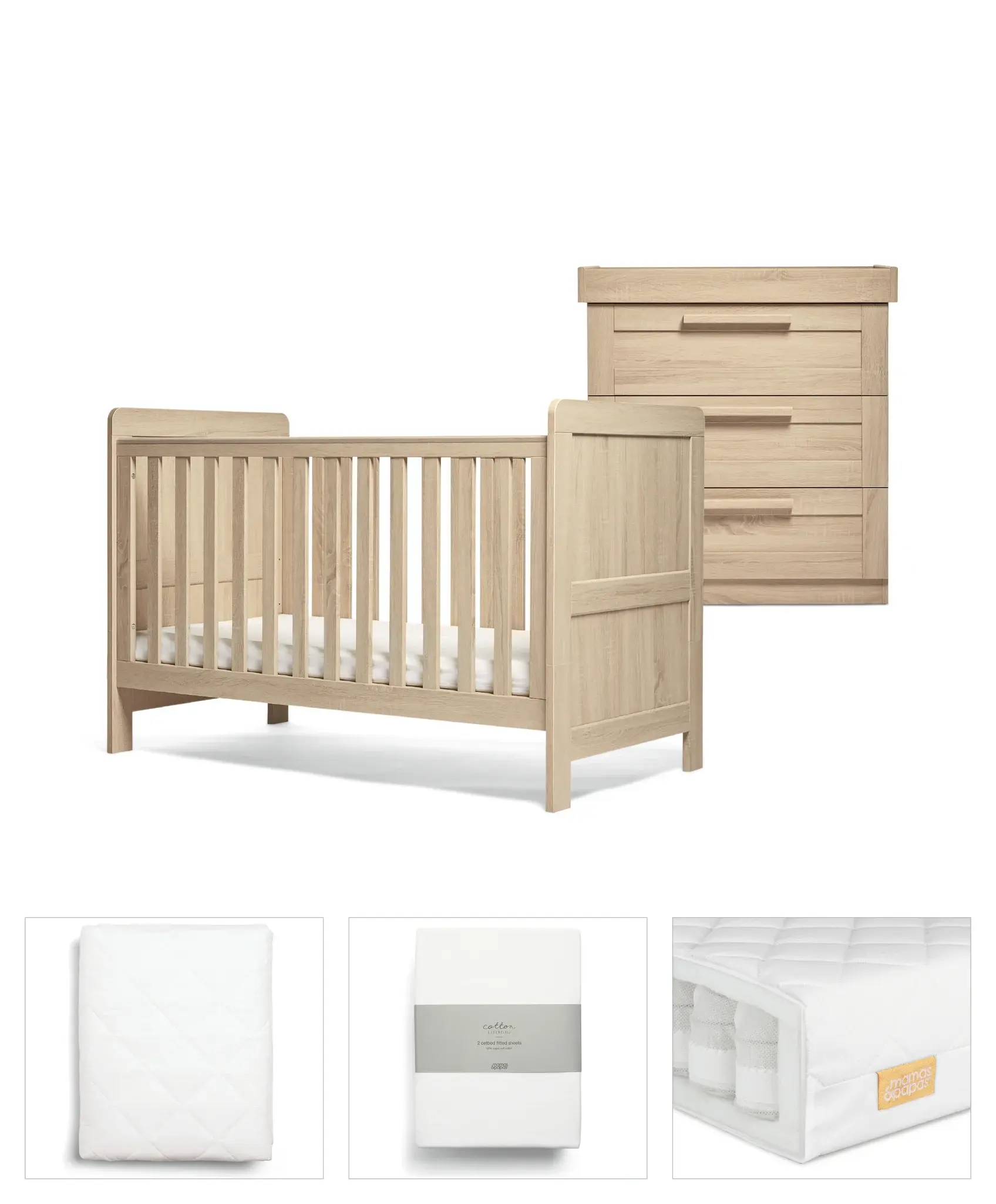 Mamas and Papas Mamas & Papas Atlas Bundle 5pc Set - (Cot, Mattress, quilted mattress protector, fitted sheet, dresser & change table)