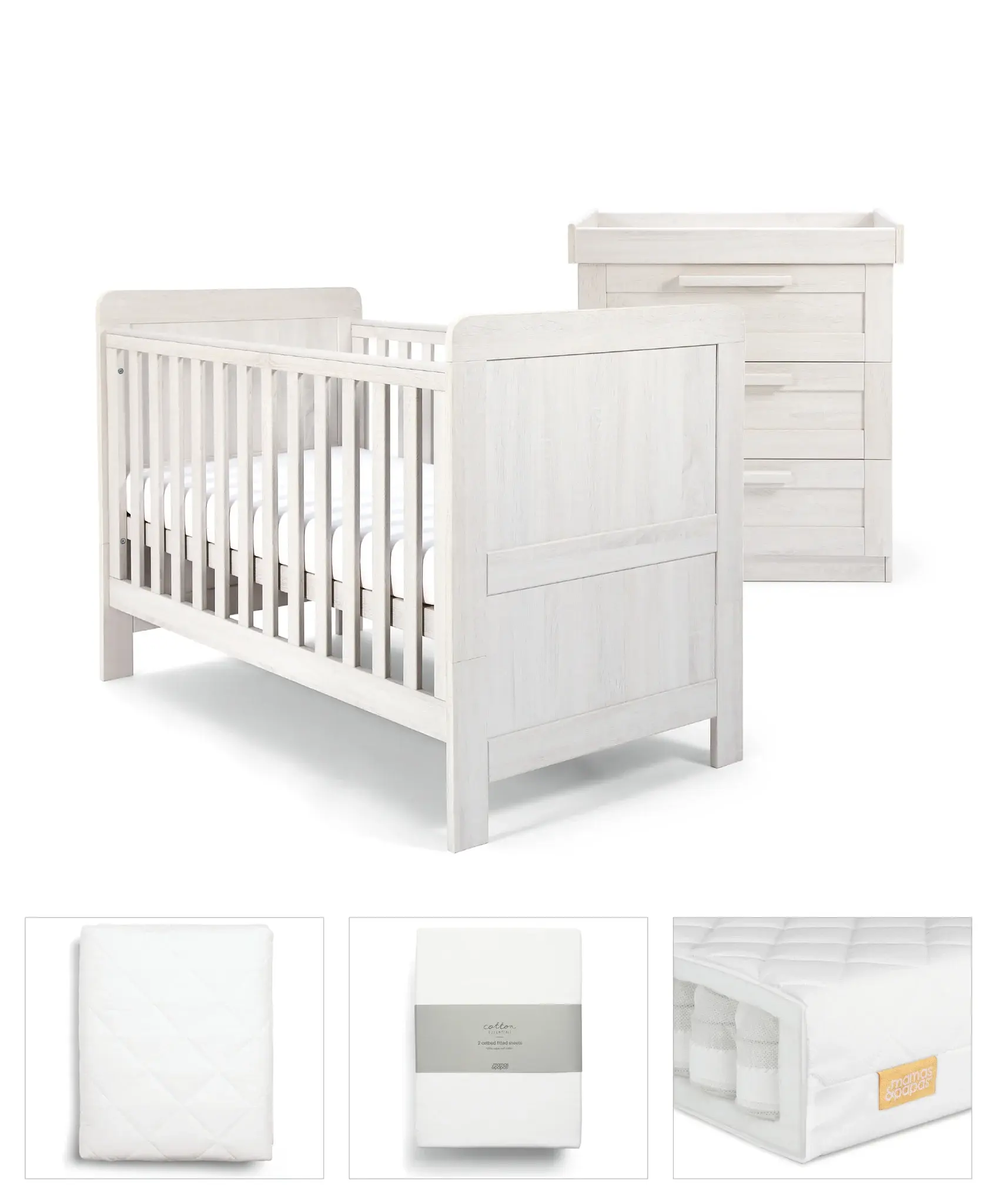 Mamas and Papas Mamas & Papas Atlas Bundle 5pc Set - (Cot, Mattress, quilted mattress protector, fitted sheet, dresser & change table)