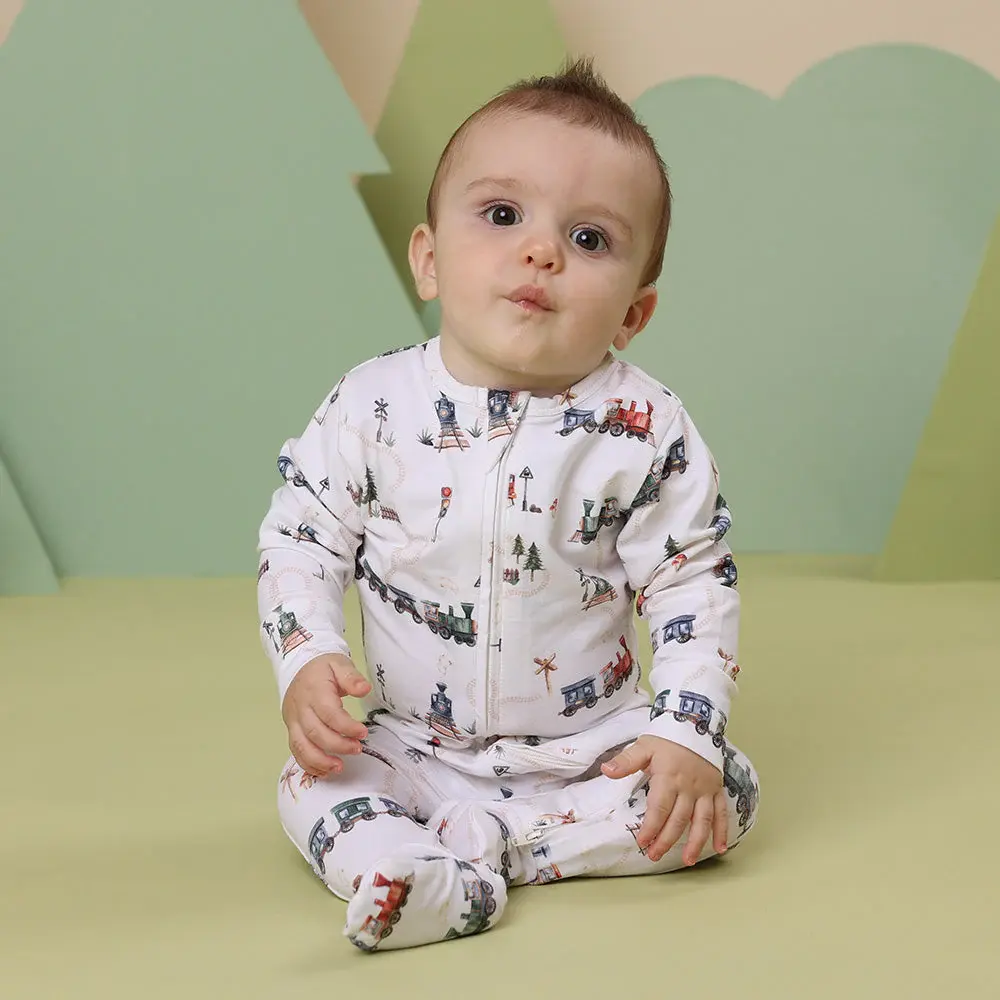 Snuggle Hunny Kids Snuggle Hunny Trains Organic Snuggle Sleepsuit Zip Footie