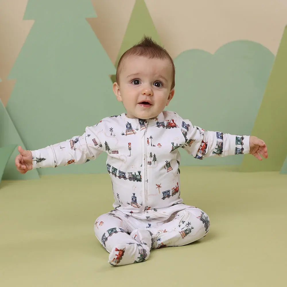 Snuggle Hunny Kids Snuggle Hunny Trains Organic Snuggle Sleepsuit Zip Footie
