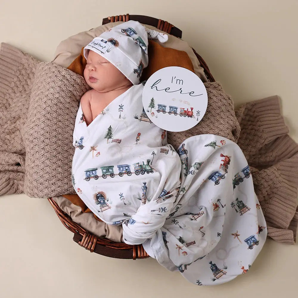 Snuggle Hunny Kids Snuggle Hunny Trains Organic Jersey Wrap & Beanie Set