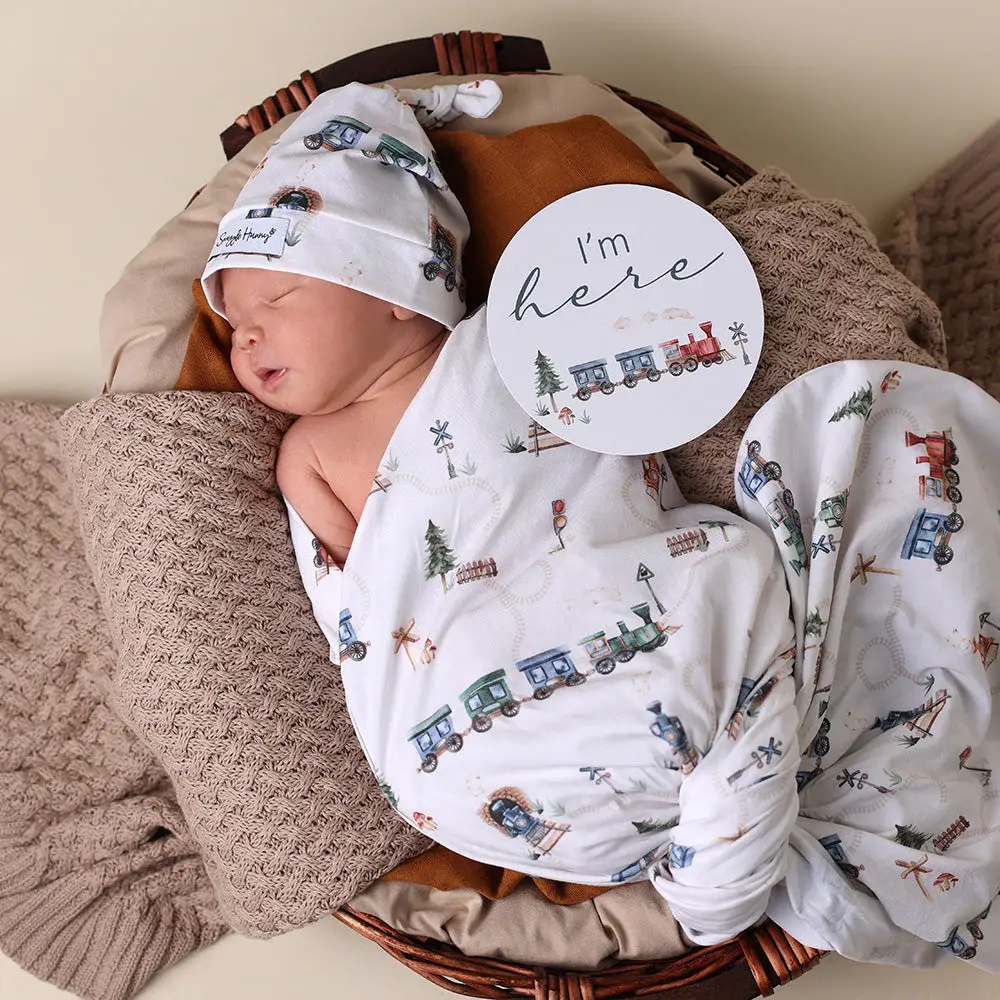 Snuggle Hunny Kids Snuggle Hunny Trains Organic Jersey Wrap & Beanie Set