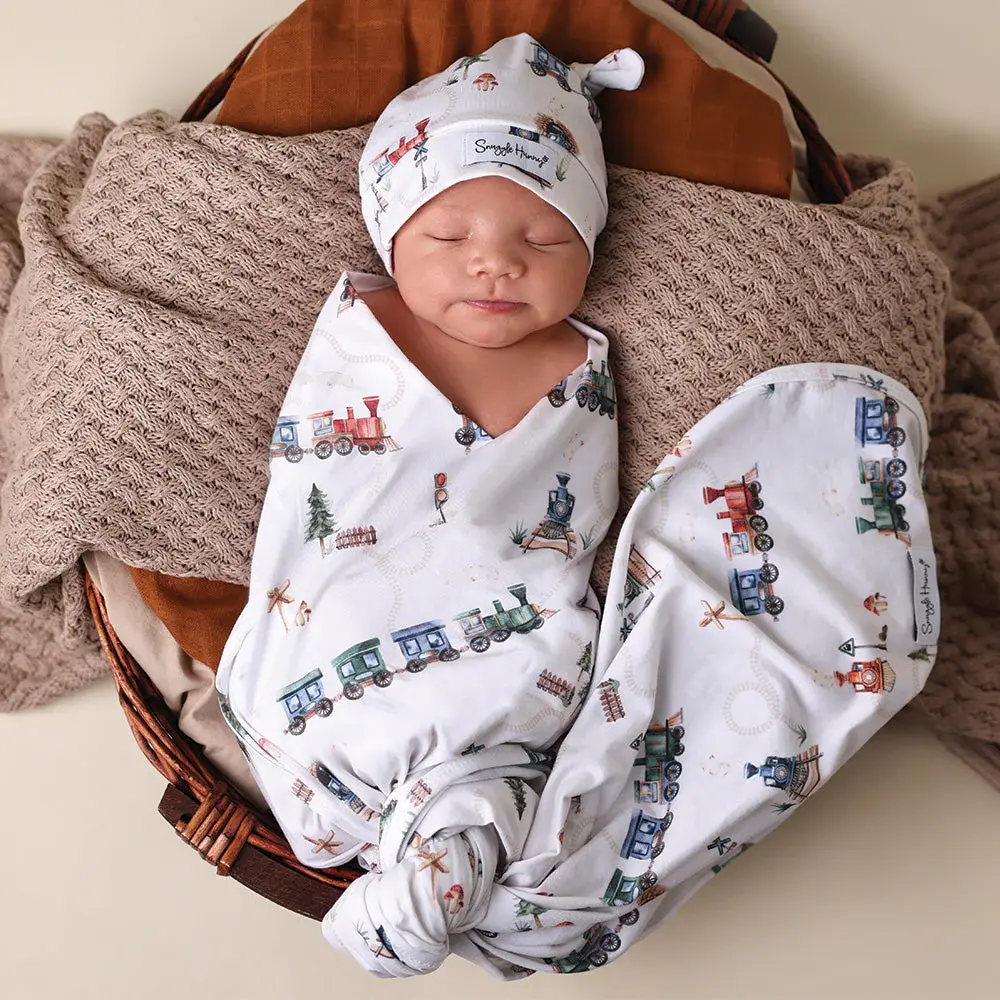 Snuggle Hunny Kids Snuggle Hunny Trains Organic Jersey Wrap & Beanie Set