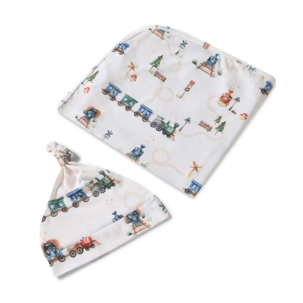 Snuggle Hunny Kids Snuggle Hunny Trains Organic Jersey Wrap & Beanie Set