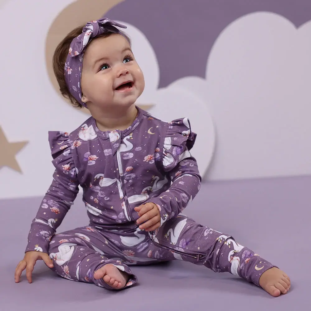 Snuggle Hunny Kids Snuggle Hunny Midnight Swan Organic Snugglesuit Convertible Romper with Frill