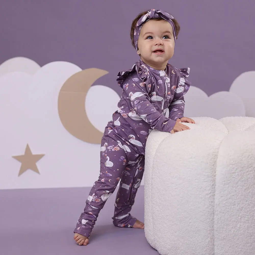 Snuggle Hunny Kids Snuggle Hunny Midnight Swan Organic Snugglesuit Convertible Romper with Frill