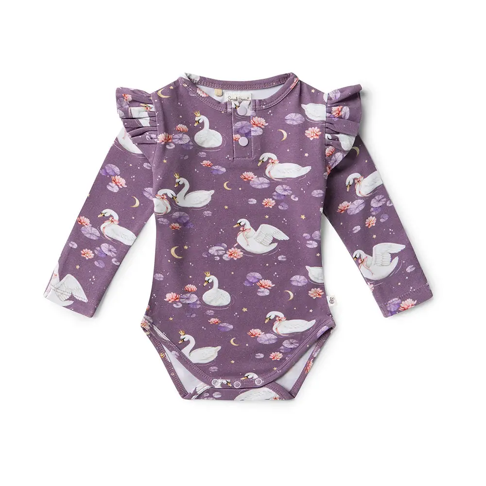 Snuggle Hunny Kids Snuggle Hunny Midnight Swan Long Sleeve Organic Bodysuit with Frill
