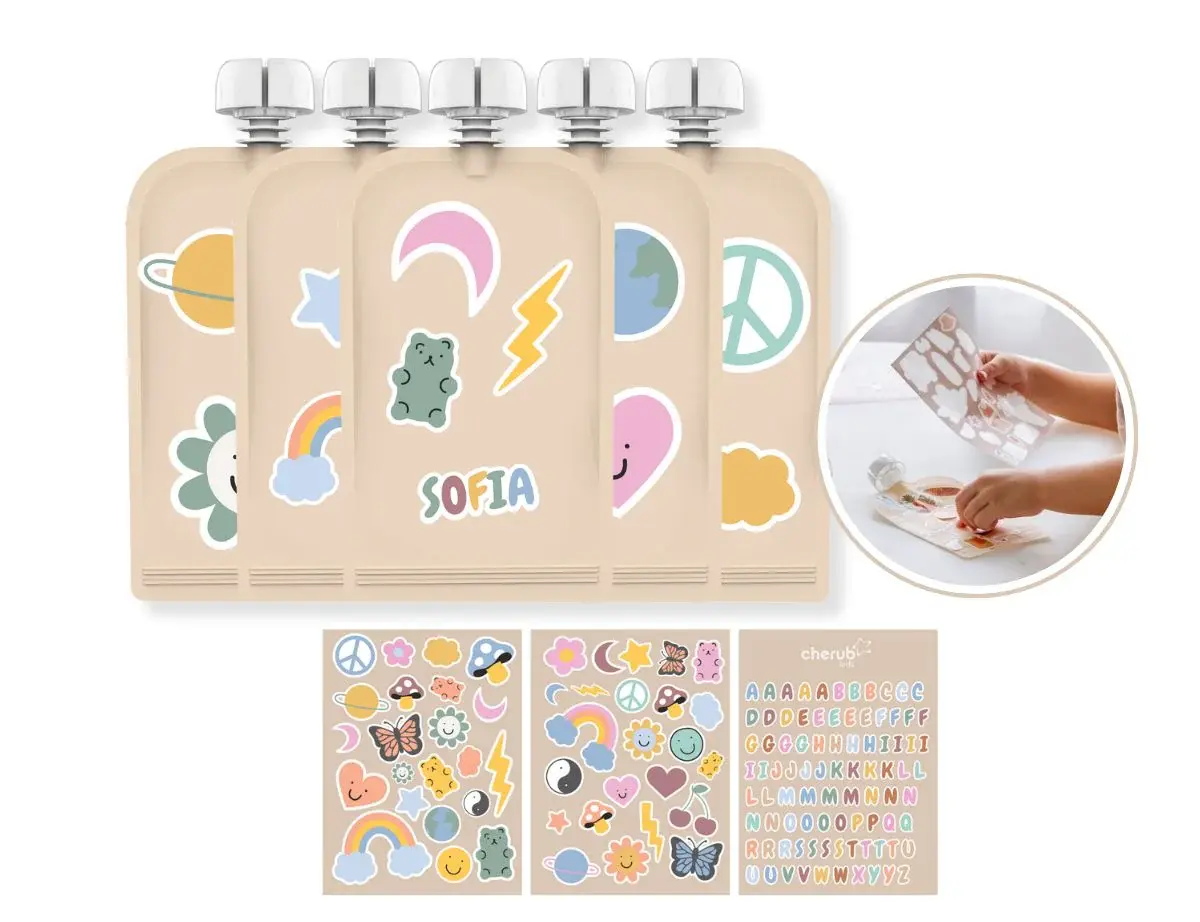 Cherub Baby Cherub Baby Customizable Reusable Food Pouches with Name Labels/Stickers 150ml 5PK Retro Rainbow