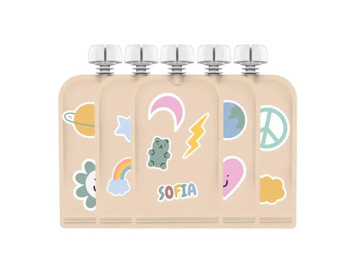 Cherub Baby Cherub Baby Customizable Reusable Food Pouches with Name Labels/Stickers 150ml 5PK Retro Rainbow