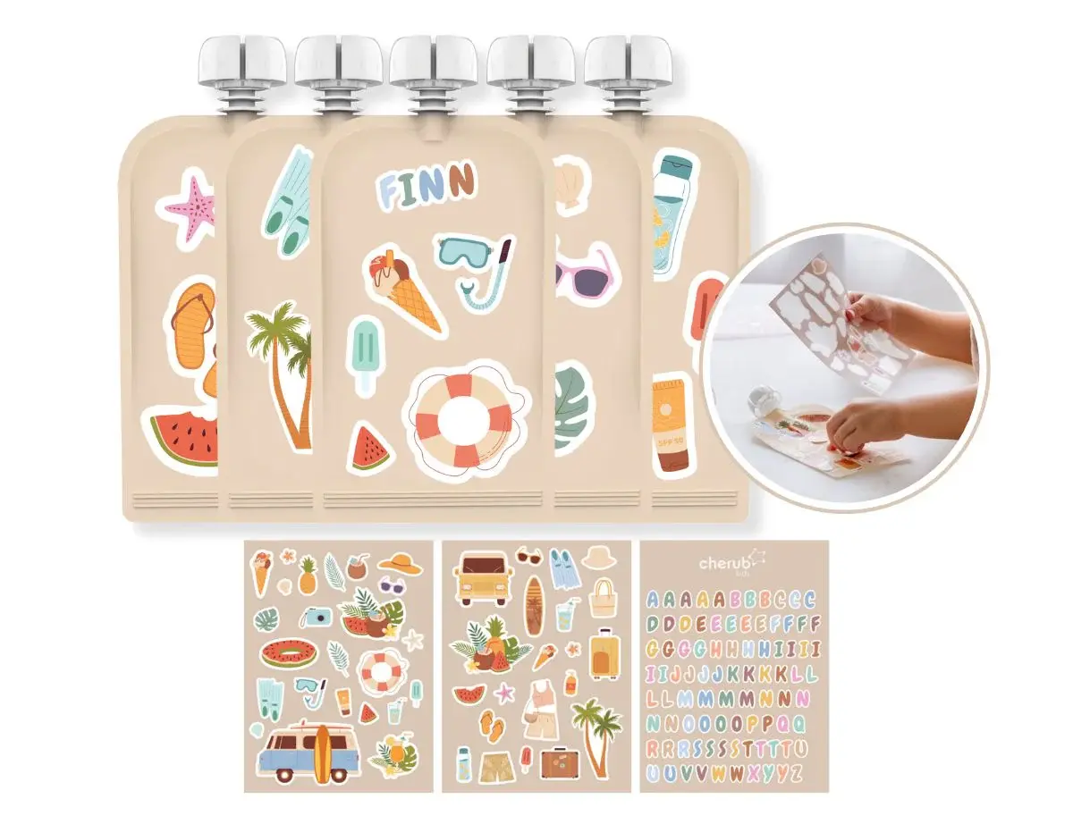 Cherub Baby Cherub Baby Customizable Reusable Food Pouches with Name Labels/Stickers 150ml 5PK Summer Vibes