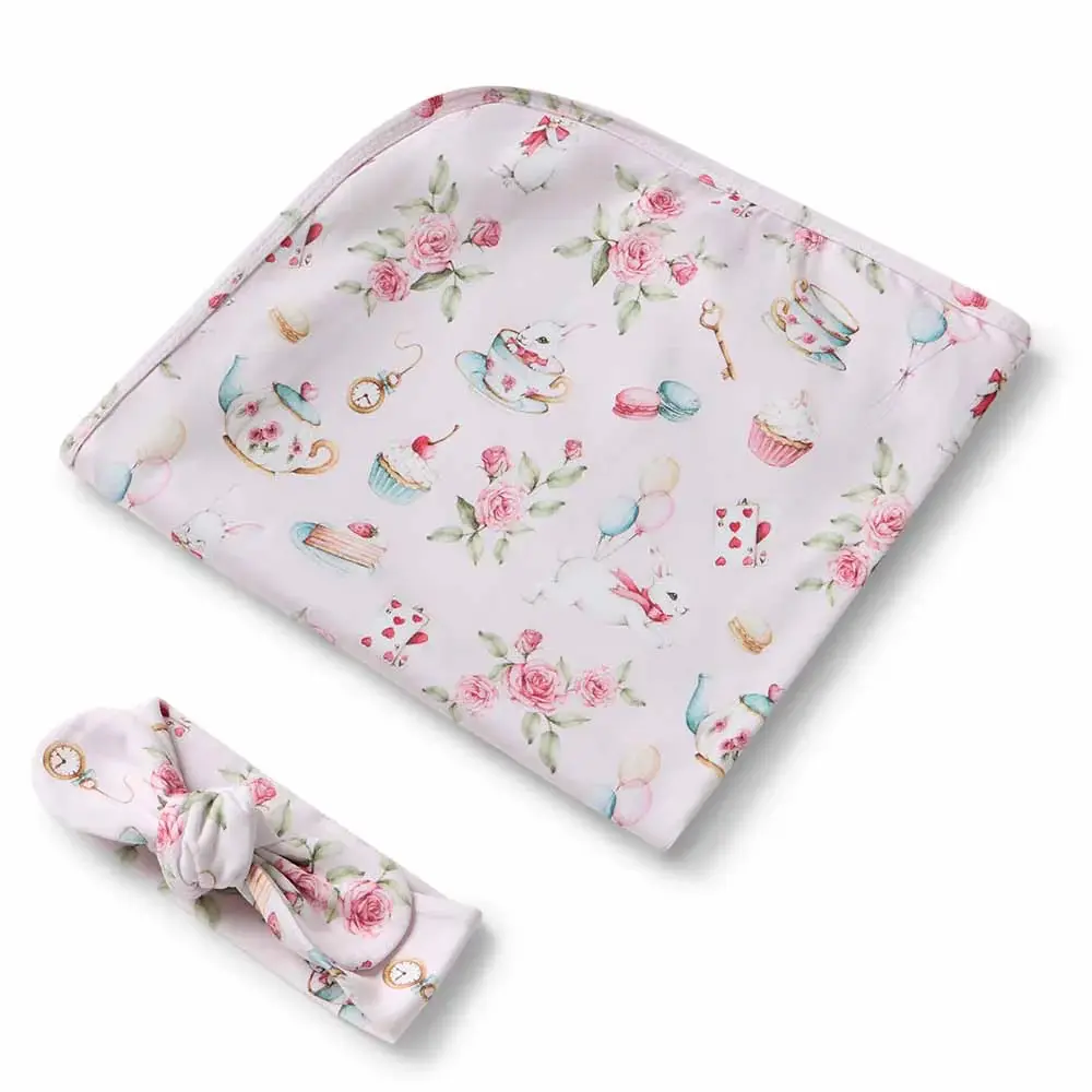 Snuggle Hunny Kids Snuggle Hunny Alice’s Tea Party Organic Jersey Wrap & Topknot Set