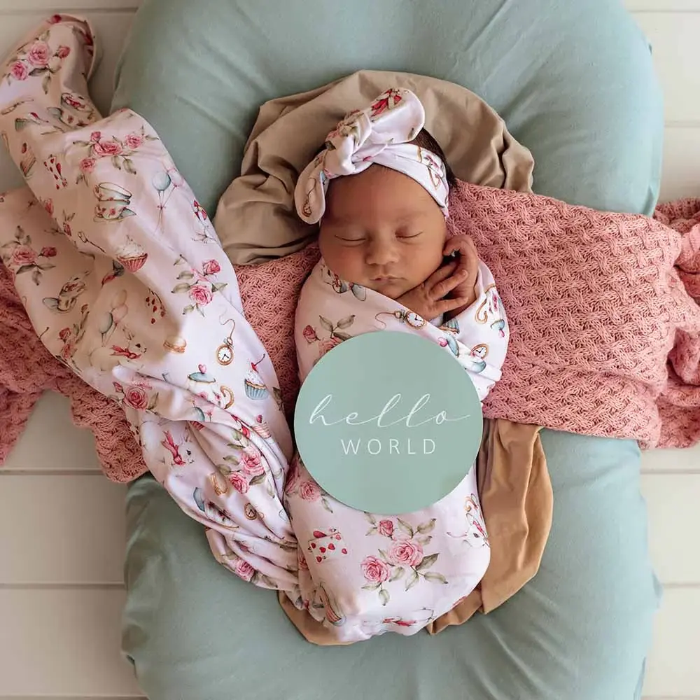 Snuggle Hunny Kids Snuggle Hunny Alice’s Tea Party Organic Jersey Wrap & Topknot Set