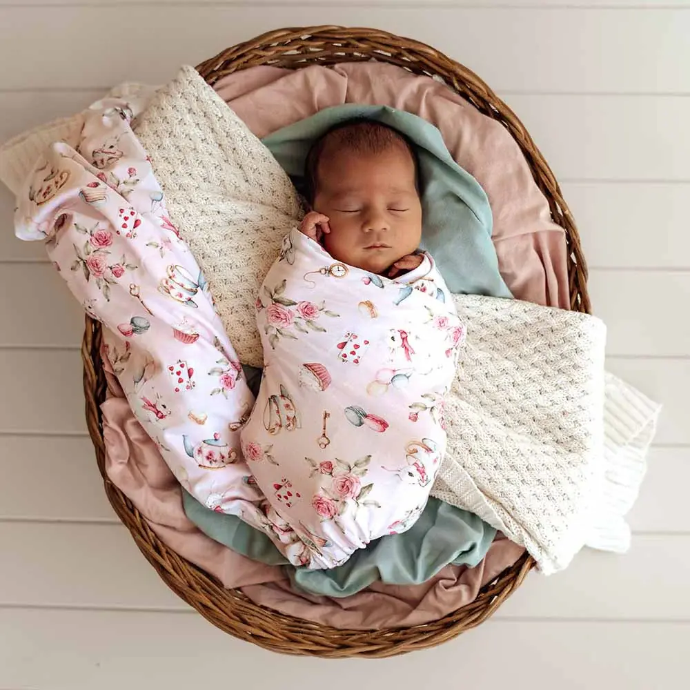 Snuggle Hunny Kids Snuggle Hunny Alice’s Tea Party Organic Jersey Wrap & Topknot Set