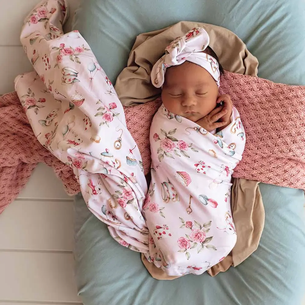 Snuggle Hunny Kids Snuggle Hunny Alice’s Tea Party Organic Jersey Wrap & Topknot Set