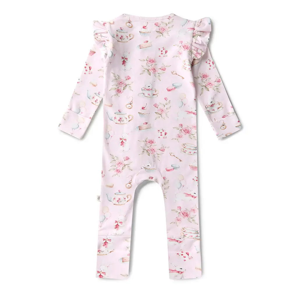 Snuggle Hunny Kids Snuggle Hunny Alice’s Tea Party Organic Snugglesuit Convertible Romper with Frill