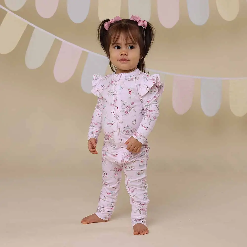 Snuggle Hunny Kids Snuggle Hunny Alice’s Tea Party Organic Snugglesuit Convertible Romper with Frill