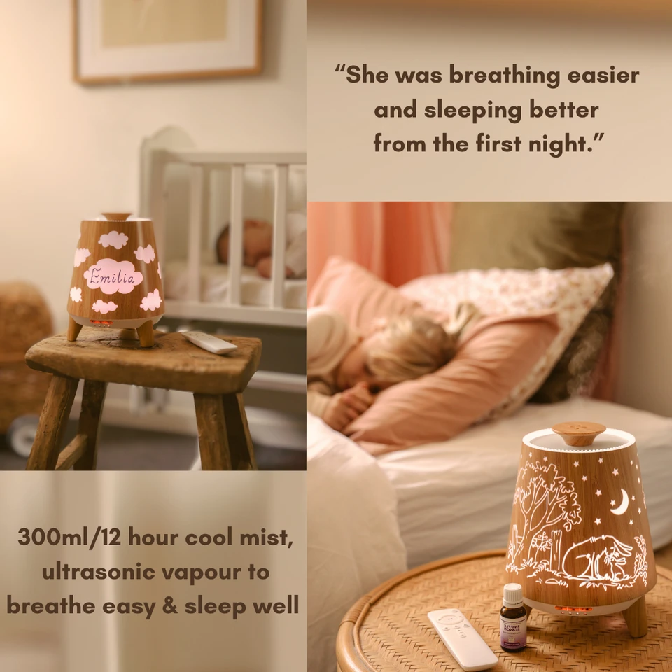 Hush Hush Vaporiser White/Timber with Remote + Sweet Slumber Essential Oil
