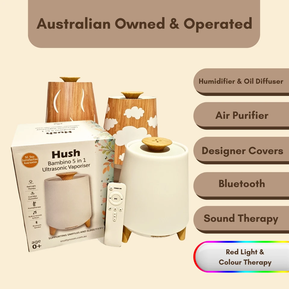 Hush Hush Vaporiser White/Timber with Remote + Sweet Slumber Essential Oil