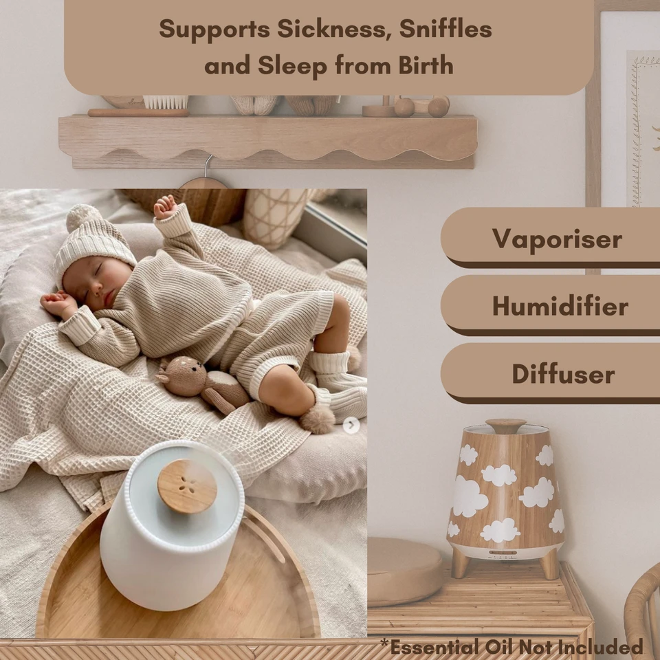 Hush Hush Vaporiser White/Timber with Remote + Sweet Slumber Essential Oil