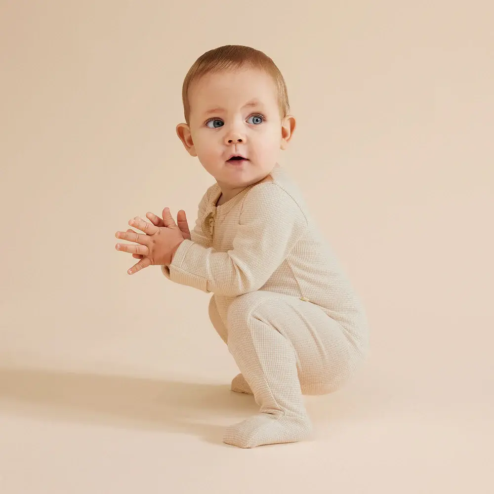 Wilson & Frenchy Wilson & Frenchy Organic Stripe Rib Zipsuit with Feet - Oatmeal