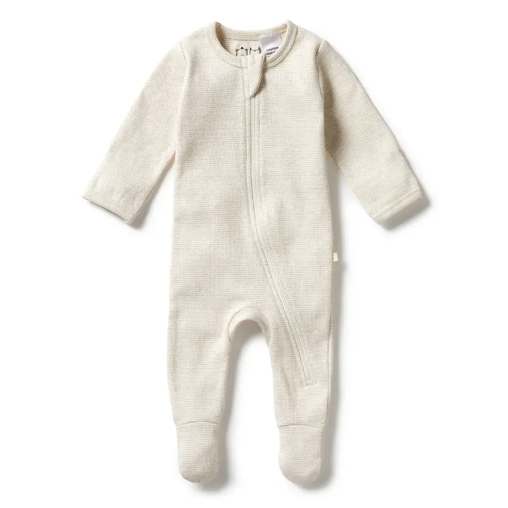 Wilson & Frenchie Wilson & Frenchy Organic Stripe Rib Zipsuit with Feet - Oatmeal