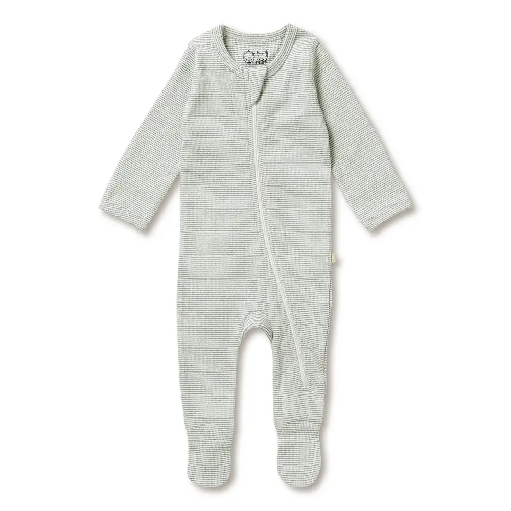 Wilson & Frenchie Wilson & Frenchie Organic Stripe Rib Zipsuit with Feet - Fern