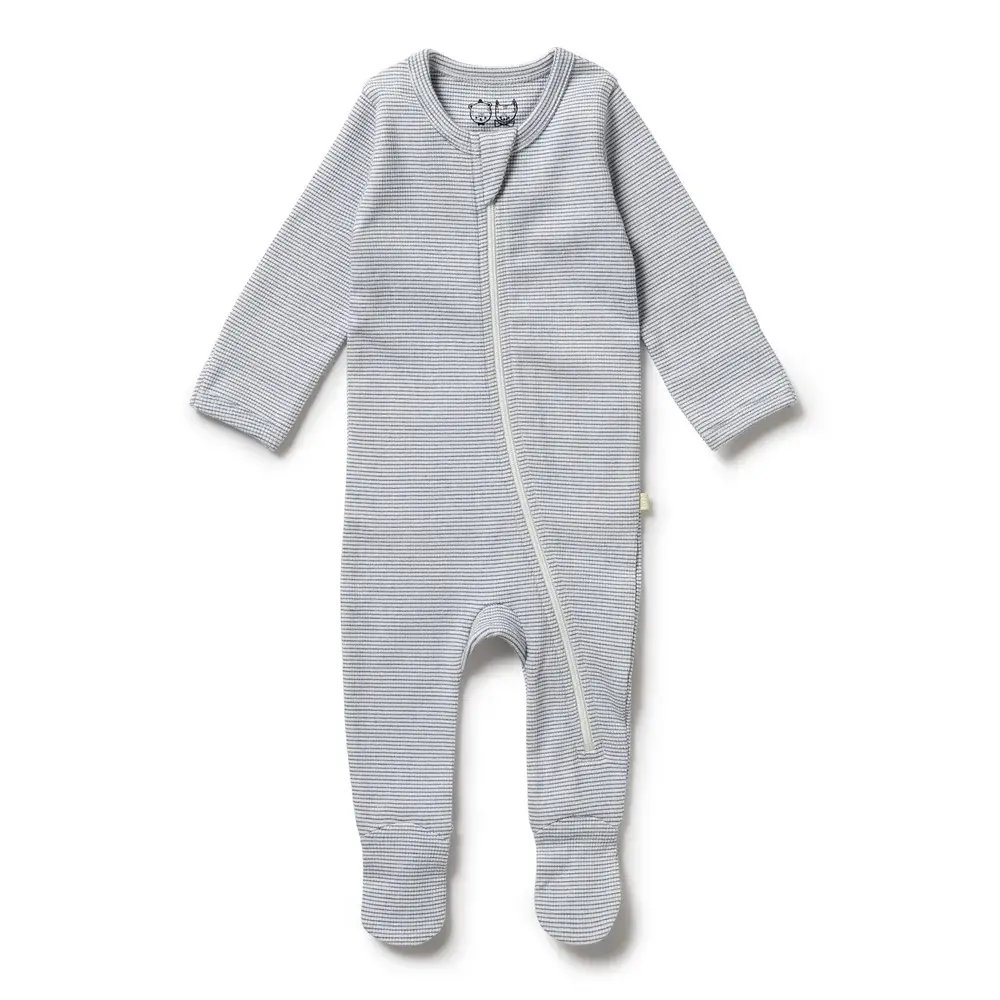 Wilson & Frenchie Wilson & Frenchie Organic Stripe Rib Zipsuit with Feet - Rain Drop