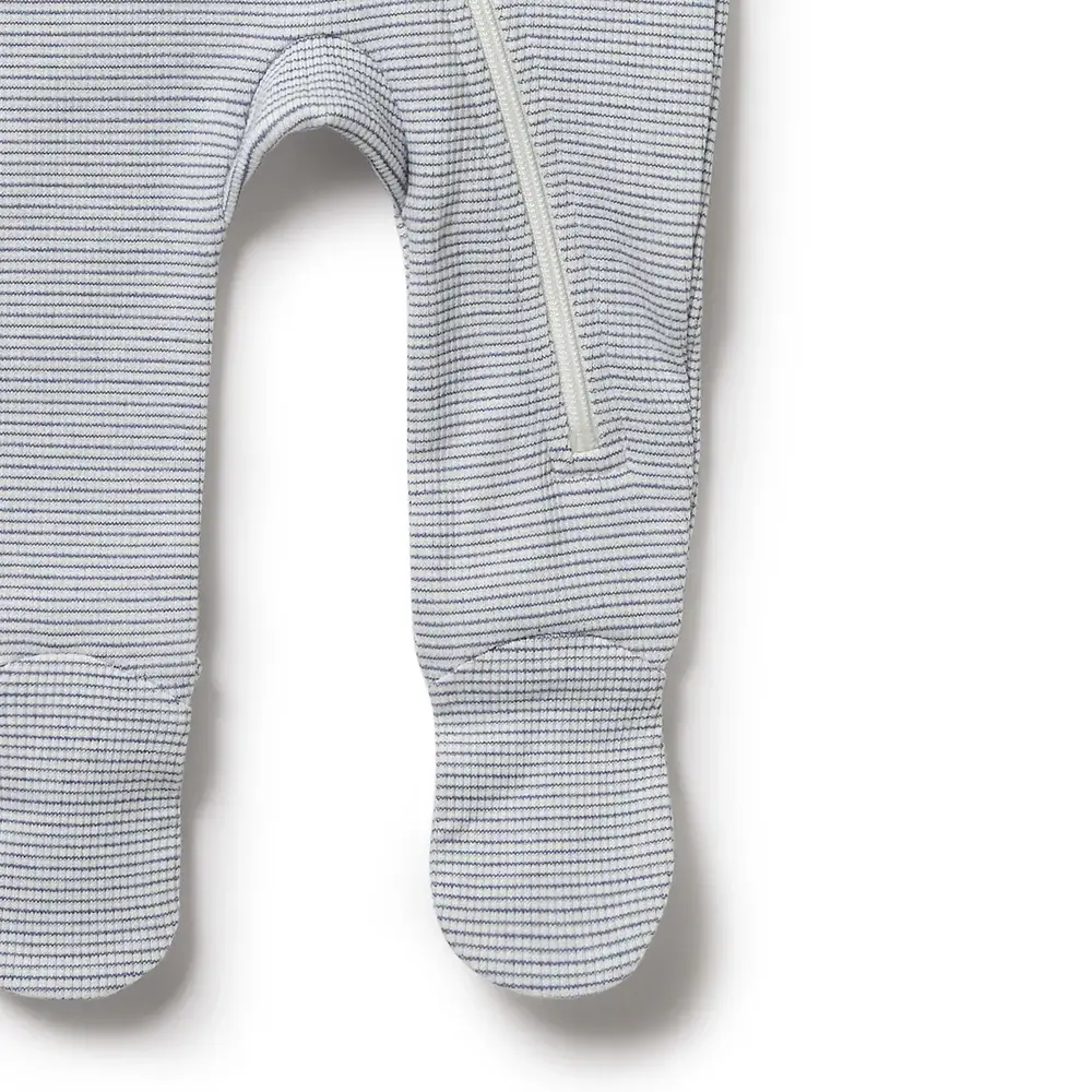 Wilson & Frenchie Wilson & Frenchie Organic Stripe Rib Zipsuit with Feet - Rain Drop