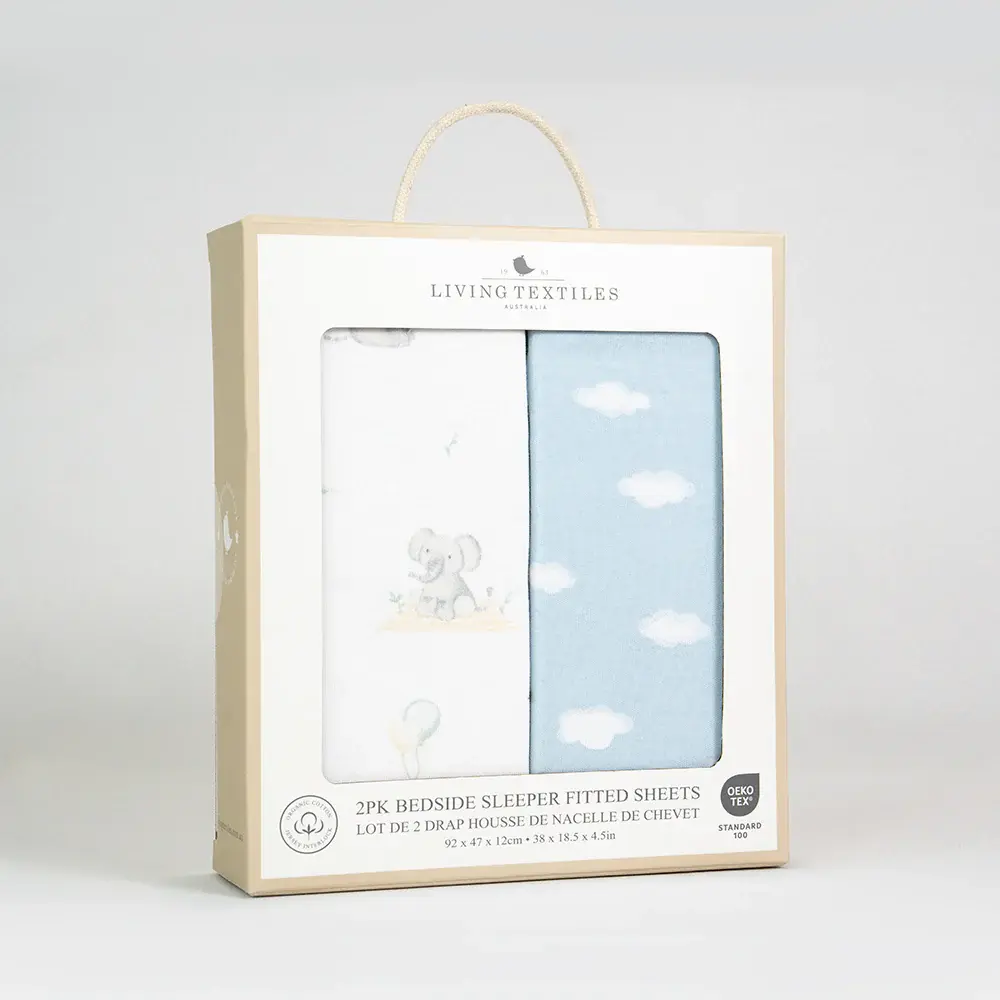 Living Textiles Living Textiles 2 Pack Organic Jersey Bedside Sleeper Fitted Sheets - Elephant Playtime